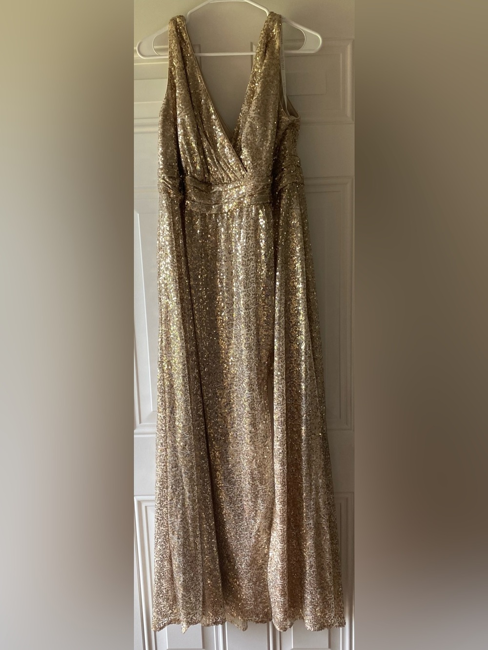 David’s Bridal Gold Sequin V-Neck Evening Gown